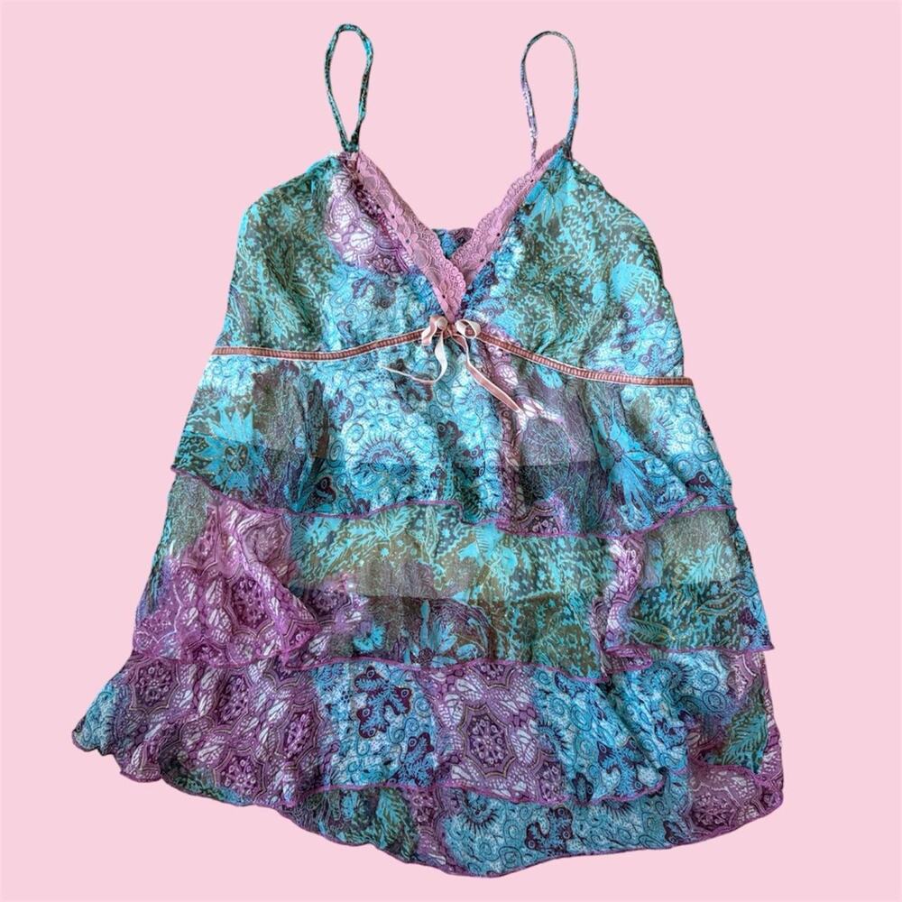 Y2K euro Blue/purple paisley print ruffle cami top with tie front detail